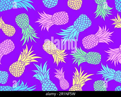 Motivo senza cuciture a ananas. Ananas multicolore su sfondo viola. Modello di frutta tropicale estiva per la stampa su sfondi, carta da imballaggio, Illustrazione Vettoriale
