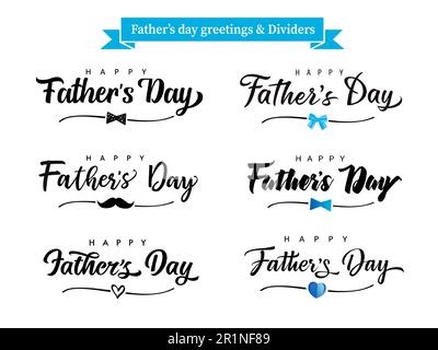 Set di saluti e divisori per la festa del Padri forma. Happy Father's Day Vector design concept con arco blu, baffi e cuori Illustrazione Vettoriale