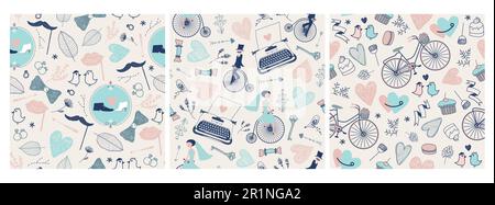 Set vettoriale di modelli di nozze senza cuciture, vintage carte d'amore romantico sfondo. Elementi retrò disegnati a mano, biciclette, occhiali, cuori, dattilografo Illustrazione Vettoriale