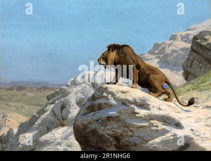 Guardia leone su una roccia, dopo un dipinto di Jean-Leon Gerome, riproduzione storica, restaurata digitalmente da un originale del 19th ° secolo / Löwe hält auf einem Felsen Wache, nach einem Gemälde von Jean-Leon Gerome, Historisch, restaurierte digitale Reproduktion von einer Vorlage aus dem 19. Jahrhundert Foto Stock