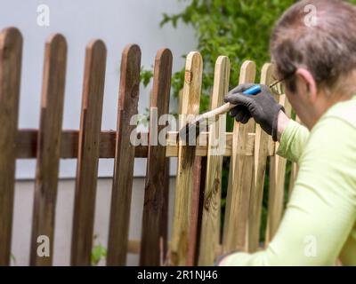 Casa proprietario verniciatura cortile recinto picket in legno con vernice marrone Foto Stock