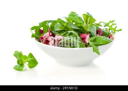 Un mix di foglie di lattuga su fondo bianco Foto Stock