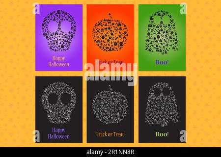 Set di biglietti d'auguri e inviti per l'evento di Halloween e la celebrazione con i simboli delle feste tradizionali. Poster creativi di Halloween. Vettore Doodle Illustrazione Vettoriale