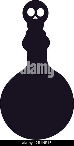 Bottiglia di veleno di Halloween con sughero di cranio umano. Silhouette nera su sfondo bianco. Icona della pozione delle streghe per il design delle feste di Halloween. Illlust vettoriale Illustrazione Vettoriale
