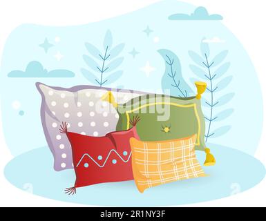 Illustrazione del cuscino. Cuscini, a scacchi, rettangolari, a motivi geometrici. Disegno grafico vettoriale modificabile. Illustrazione Vettoriale