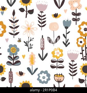Cute disegnata a mano fiori, cuori e uccelli senza cuciture modello. Vivaio o sfondo rustico in stile scandinavo, tavolozza di colori pastello. Illustrazione Vettoriale
