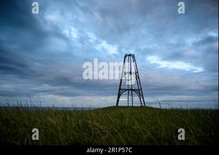 De Ijzeren Kaap, Kaap Oosterend, Beacon sul Mare di Wadden, Monumento, Isola di Texel, Mare del Nord, Olanda del Nord, Paesi Bassi Foto Stock