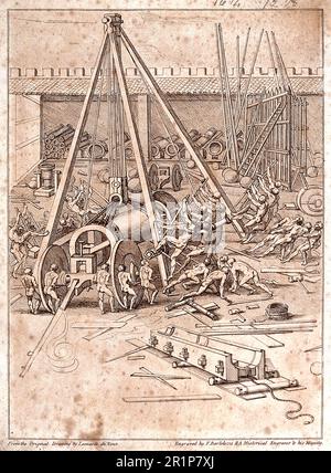 Tecnica, un dispositivo di sollevamento in uso in un'armeria. Incisione di F. Bartolozzi, 1796, dopo Leonardo da Vinci , riproduzione storica, restaurata digitalmente da un originale del 19th° secolo. / Technik, eine Hebevorrichtung in einem Zeughaus im Einsatz. Kupferstich von F. Bartolozzi, 1796, nach Leonardo da Vinci , Historiisch, digital restaurierte Reproduktion von einer Vorlage aus dem 19. Jahrhundert Foto Stock