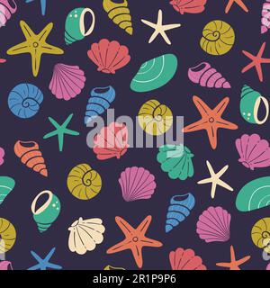 Motivo Seashell senza cuciture. Elementi decorativi di sfondo marino isolati su sfondo scuro. Illustrazione vettoriale colorata disegnata a mano Illustrazione Vettoriale