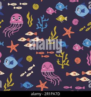 Motivo Sealife senza cuciture. Carina medusa, alghe e pesci isolati su sfondo blu scuro. Illustrazione vettoriale disegnata a mano. Illustrazione Vettoriale
