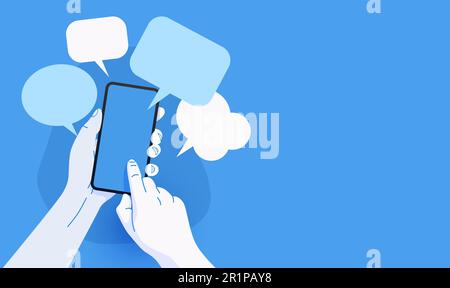 Tenere in mano il telefono con i messaggi. Concetto di comunicazione e social networking. Illustrazione vettoriale per siti web e banner design. Illustrazione vettoriale Illustrazione Vettoriale