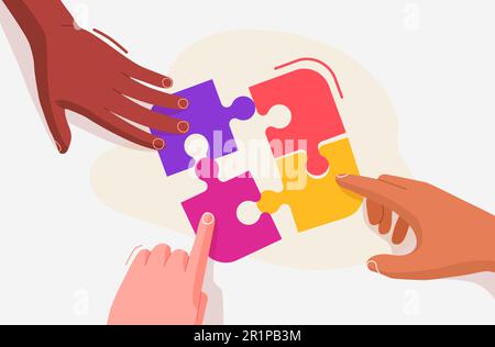 Mani umane risolvere puzzle puzzle puzzle. Concetto di squadra, cooperazione. Stile cartone animato piatto. Illustrazione vettoriale Illustrazione Vettoriale