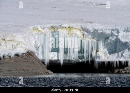 Antartide, Mare di Amundsen, Pine Island Bay, Isole Brownson, 74° S. Icicle lungo il litorale. Foto Stock