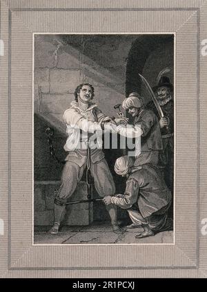 La tortura di William Lithgow nelle prigioni dell'Inquisizione di Malaga nel 1620, William Lithgow, uno Scot, fu scambiato per una spia e arrestato a Malaga nel 1620, gettato nelle prigioni dell'Inquisizione e torturato fino ai limiti della resistenza umana. Fu sottoposto ad una combinazione di tortura d'acqua e tortura rack, riproduzione storica, restaurata digitalmente da un originale del 19th ° secolo / Die Folterung von William Lithgow in den Kerkerkern der Inquisition in Malaga im Jahr 1620, William Lithgow, ein Schotte, Wurde 1620 fälschlicherweise für einen Spion gehalten und in Malaga verhaftet, Foto Stock