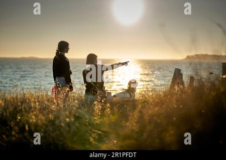 Francia, Bretagna, Saint-Gildas-de-Rhuys, madre con figlia e cane sulla spiaggia Plage de Kerver Foto Stock