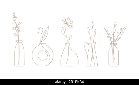 Set di fiori di contorno, rametti in vasi di ceramica. Illustrazione vettoriale bouquet per scheda, storia, web, banner. Illustrazione Vettoriale