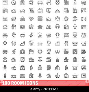 set di 100 icone per la stanza. Illustrazione di 100 set di icone della stanza isolato su sfondo bianco Illustrazione Vettoriale