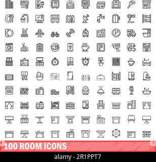 set di 100 icone per la stanza. Illustrazione di 100 set di icone della stanza isolato su sfondo bianco Illustrazione Vettoriale