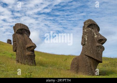 Cile, Isola di Pasqua, alias Rapa Nui. Tradizionale moai di pietra a Rano a Raraku, aka la cava. Patrimonio dell'umanità dell'UNESCO. Foto Stock