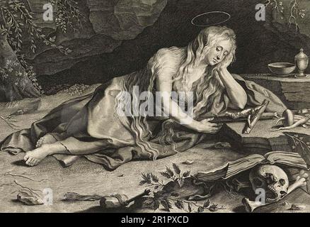 Penitente Maria Maddalena in una grotta, riproduzione storica, restaurata digitalmente da un originale del 19th ° secolo / Büßende Maria Magdalena in einer Höhle, Historisch, restaurierte digitale Reproduktion von einer Vorlage aus dem 19. Jahrhundert Foto Stock
