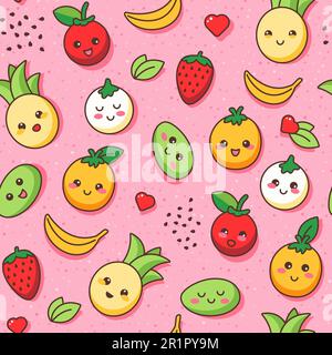 Allegro e luminoso modello estivo con succulenti frutti tropicali. Stile cartoon Kawaii. Illustrazione vettoriale. Pattern vettoriale senza cuciture, perfetto per i bambini Illustrazione Vettoriale