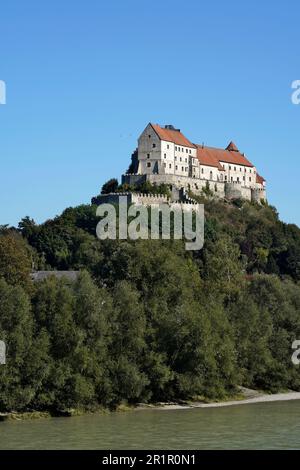 Germania, Baviera, alta Baviera, Contea di Altötting, Burghausen, Castello di Burghausen, Castello principale, fiume Salzach Foto Stock