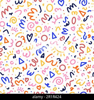 Motivo colorato 90s senza cuciture. Sfondo capretto squiggle, carta da parati minimalistica doodle con forme e linee di base. Sfondo di scrittura vettoriale Illustrazione Vettoriale