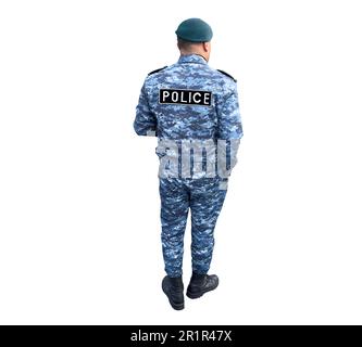 Giacca posteriore di un poliziotto isolato su sfondo bianco. Ufficiale di polizia in servizio in uniforme. Retro dell'ufficiale isolato su sfondo bianco Foto Stock