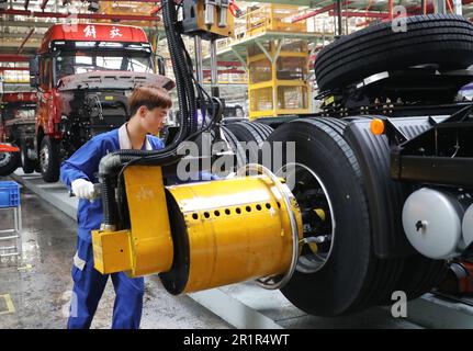 QINGDAO, CINA - 15 MAGGIO 2023 - gli operai assemblano i veicoli al workshop di assemblaggio finale di una società automobilistica a Qingdao, provincia di Shandong della Cina orientale Foto Stock