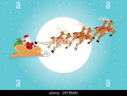 Illustrazione cartoon di Santa su slitta e la sua renna volare contro la luna piena Illustrazione Vettoriale