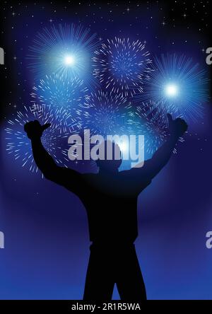 Silhouette di figura maschile gioiosa con sfondo fuochi d'artificio, per il nuovo anno o tema celebrazione. Sfondo con mesh a gradiente compatibile in Adobe Illustrato Illustrazione Vettoriale