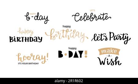 Buona collezione di auguri di compleanno. Elegante calligrafia disegnata a mano e set di lettere, illustrazione vettoriale Illustrazione Vettoriale