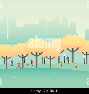 Semplice grafica di persone che fanno attività nel parco della città Illustrazione Vettoriale