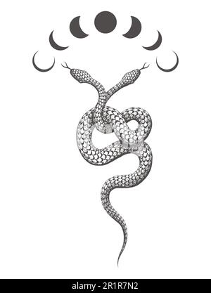 Tatuaggio esoterico di due fasi di serpente e luna a testa isolata su bianco. Illustrazione vettoriale. Illustrazione Vettoriale