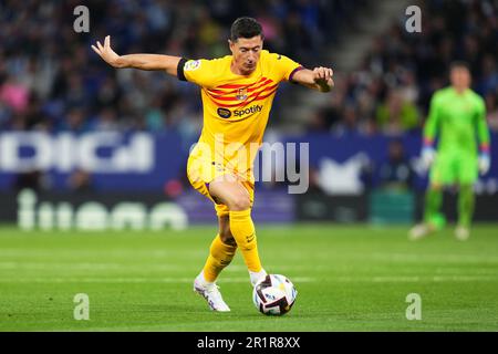 Barcellona, Spagna. 14th maggio, 2023. Robert Lewandowski del FC Barcelona durante la partita la Liga tra RCD Espanyol e FC Barcelona si è giocato allo stadio RCDE il 14 maggio a Barcellona, Spagna. (Foto di Sergio Ruiz/PRESSIN) Credit: PRESSINPHOTO SPORTS AGENCY/Alamy Live News Foto Stock