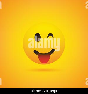 Emoji sorridente e strizzante con linguetta bloccata - Emoticon semplice brillante felice su sfondo giallo Illustrazione Vettoriale