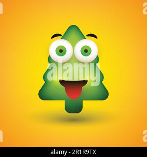 Emoji sorridente - Emoticon semplice a forma di albero di Natale su sfondo giallo - Vector Design Illustrazione Vettoriale