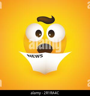 Notizie sorprendenti - Emoji con occhi pop out legge un giornale - emoticon semplice su sfondo giallo Illustrazione Vettoriale