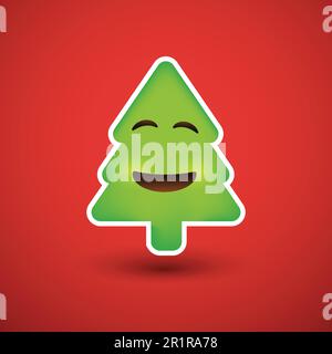 Emoji sorridente - Emoticon semplice a forma di albero di Natale su sfondo rosso Illustrazione Vettoriale