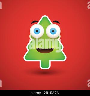 Emoji sorridente - Emoticon semplice a forma di albero di Natale su sfondo rosso Illustrazione Vettoriale