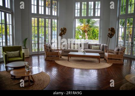 Hall dell'hotel di lusso Heritage le Telfair a cinque stelle nel sud di Mauritius, sulla spiaggia di Bel Ombre, sull'isola di Mauritius. Foto Stock