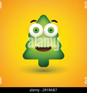 Emoji sorridente - Emoticon semplice a forma di albero di Natale su sfondo giallo - Vector Design Illustrazione Vettoriale
