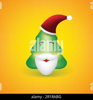 Emoji sorridente - Emoticon semplice a forma di albero di Natale con barba e cappello su sfondo giallo Illustrazione Vettoriale