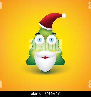 Emoji sorridente - Emoticon semplice a forma di albero di Natale con barba e cappello su sfondo giallo Illustrazione Vettoriale