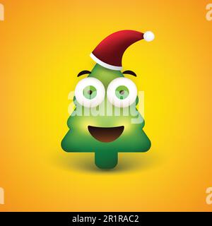 Emoji sorridente - Emoticon semplice a forma di albero di Natale su sfondo giallo Illustrazione Vettoriale