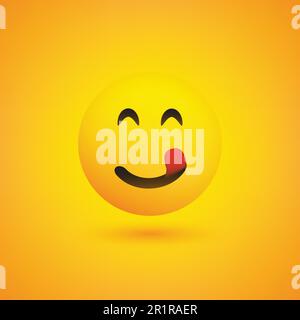 Emoji sorridente con linguetta bloccata - Emoticon felice semplice su sfondo giallo - Vector Design Illustrazione Vettoriale