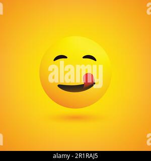 Emoji sorridente con linguetta bloccata - Emoticon felice semplice su sfondo giallo - Vector Design Illustrazione Vettoriale