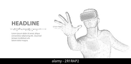 Un uomo che utilizza un dispositivo VR per un'esperienza virtuale coinvolgente in un metaverse. Illustrazione Vettoriale