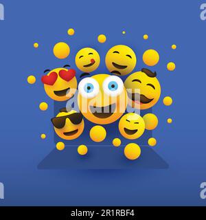 Vari emoticon sorridenti gialli felici davanti allo schermo di uno smartphone, illustrazione del concetto Vector Illustrazione Vettoriale