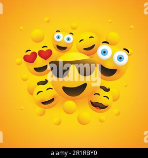 Vari emoticon sorridenti e felici di fronte a uno sfondo giallo, concetto Vector Illustrazione Vettoriale